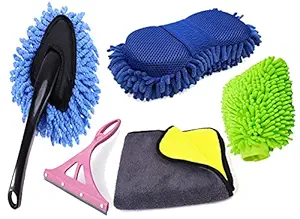 Car Accessories | Car Mini Duster, Microfiber Cloth/Towel for Cleaning, Microfibre Sponge, Glass Wiper, Cleaning/polishing Glove | Car Washing Care (Pack of Five)