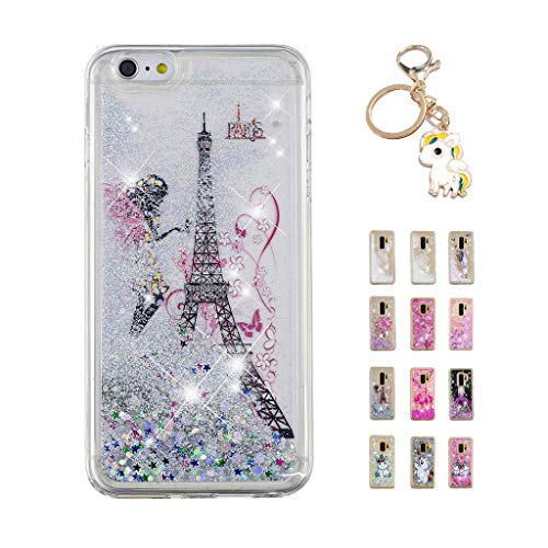 Kawaii-Shop Case for iPhone XR Liquid Glitter, Eiffel Tower Flexible Silicone Transparent Sparkly Quicksand Protective Crystal Back Cover+Unicorn Keyring
