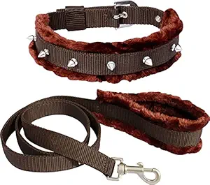 Pedigone Dog Belt Combo of Brown Fur Spike Dog Collar & Soft Fur Handle Dog Leash Specially for Medium Breed Dog Collar Leash (Brown Spike)