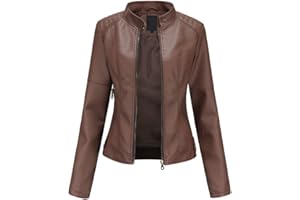 DISSA Veste Blouson De Motard Simili Cuir Synthétique Court Femme Blouson Col montant Coupe Ajustée fermeture éclair Printemps et Automne,PN767