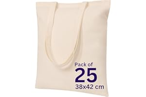 MINIMARG Plain Canvas Tote Bags Bulk Pack of 25 100% Cotton Blank Tote Bags to Decorate for DIY, Promotional Activities & Shopping, Premium Quality Fabric Bags -Size 38x42cm+65cm long Handle-Natural Color