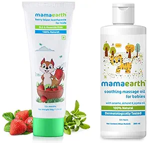 Mamaearth 100% Natural Berry Blast Kids Toothpaste 50 Gm, Fluoride Free, Sls Free, No Artificial Fla&Mamaearth Soothing Baby Massage Oil, With Sesame, Almond & Jojoba Oil - 200Ml