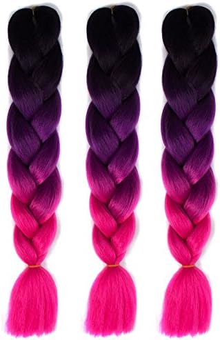 CXYP Two Tone Ombre Jumbo Braid Hair 24 Inch Synthetic Braiding Hair 3 Pieces Kanekalon Braiding Hair Extensions (black-purple-rose red)