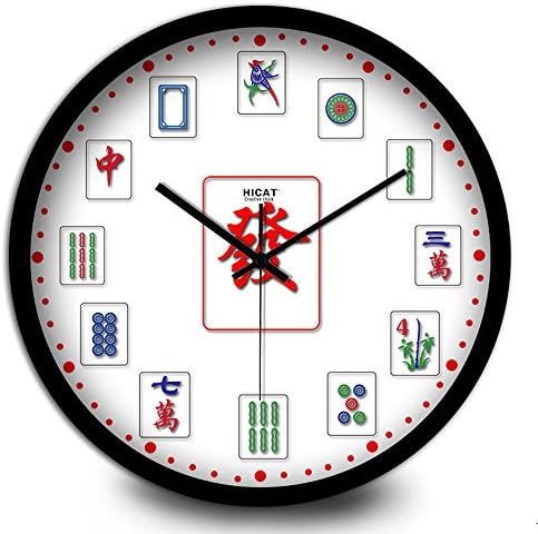 OKBO Large Mahjong Wall Clock 10 Incn/25 CM 12 Incn/30 CM 14 Incn/35 CM for Living Room, Bedroom, Coffee Shop and Kitchen - Silent Non Ticking Sweep Quartz Mechanism Big Round Metal Clock