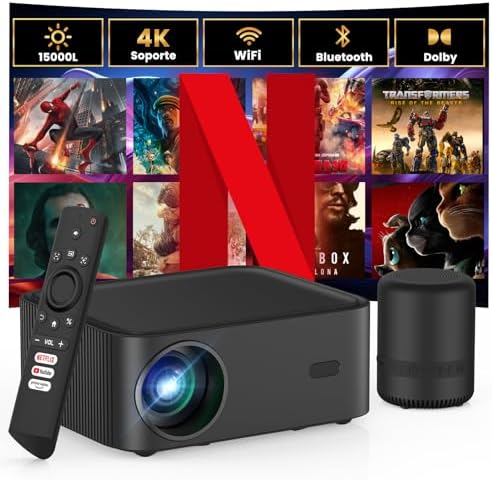 HOPVISION Mini Proiettore【Netflix/Prime Video/Youtube Ufficiale】con altoparlante BT, 15000L Projector Portatile WiFi Bluetooth, 4k 1080P Full HD per Dolby/Android/iOS/PS5