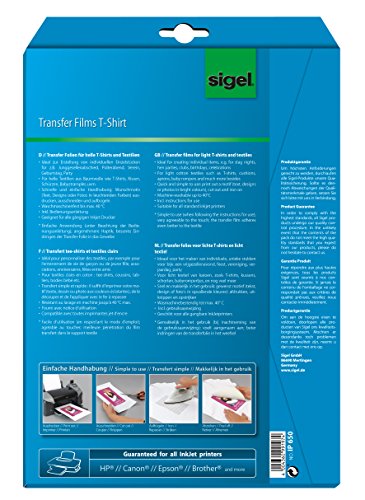 Sigel IP650 Tintenstrahldrucker Transfer-Folien für helle Stoffe / T-Shirts, 3 Blatt A4 - 10