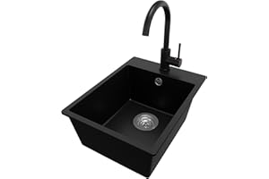 PRIMAGRAN Granitspüle Schwarz 38x50cm, Spülbecken 1 Becken + Küchenarmatur 32x20cm + Ablauf-Set, Küchenspüle ab 40er Unterschrank - Riga S009