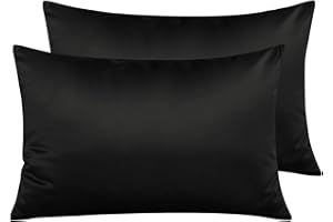 NTBAY 2 Pack Zippered Satin Pillow Cases for Hair and Skin, Luxury Standard Hidden Zipper Pillowcases Set of 2, 50x75 cm, Black