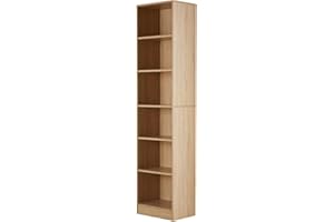 Home Source Tall Bookcase, Narrow Open Adjustable Shelves, Display Storage Cabinet, 6 Tier, Oak Effect