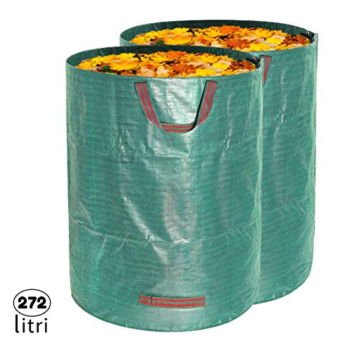 2x Sacchi da Giardinaggio Professionali per rifiuti da Giardino Verdi con 4 maniglie, 272 L 76x67 cm, Polipropilene (PP) 150 gr/m², Resistente, Antistrappo, Idrorepellente, Riutilizzabile, Pieghevole