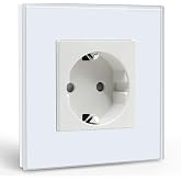 BSEED Schuko Wall Plug, Single Plug with White Glass Panel, 16A 250V Single Socket, 1 Gang Extension Sockets for Kitchen, Bed