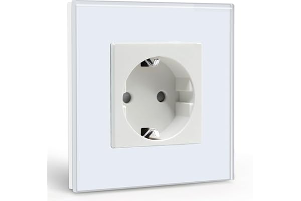BSEED Enchufe de Pared,Schuko Enchufe Simple con Panel de Cristal Blanco,16A 250V Toma de Corriente Simple,1 Gang Enchufes de Extensión para Cocina,Dormitorio,Oficina,Hotel,etc-86mm*86mm