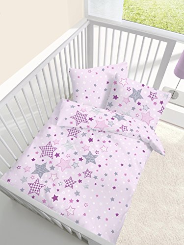 Renforce Baby Bettwäsche Sterne Stars rosa lila grau - Größe 40x60 + 100 x 135 cm - hergestellt in Deutschland