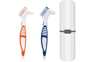 CEONAM Denture Brush, 2 Pcs False Teeth Toothbrush with White Carrying Case, Multi-Tiered Bristles with Comfort Grip Handle for Effective Denture Cleaning