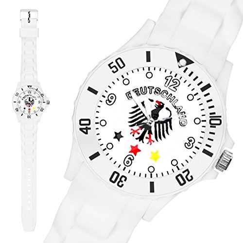 Taffstyle® Fanartikel Silikon Armbanduhr Gummi Trend Watch Quarz Fan Uhr mit Fussball Weltmeisterschaft WM & EM Europameisterschaft 2016 Länder Flaggen Style – Deutschland Weiß mit Adler