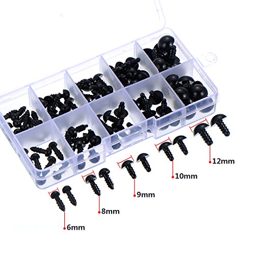 Outus 100 Stück 6 bis 12 mm Kunststoff Sicherheitaugen Schwarze Solide Augen mit Unterlegscheiben für Teddy, Bär, Puppe, Puppe und Handwerk - 2