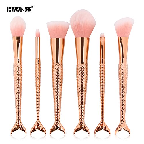 NEEDOON 6 Stück Meerjungfrau Weich Make Up Pinsel Set Foundation Bürste Synthetische Eyeliner Gesicht Powder Bürste Kit Schönheit Kosmetik Werkzeuge