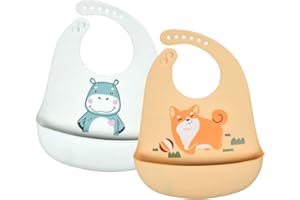 Vicloon Silikon Baby Lätzchen, 2 Stück Baby Fütterlätzchen mit Auffangschale 6 Verstellbaren Tasten, BPA Frei, Babylätzchen Einfache Reinigung, Wasserdicht für Babys Jungen und Mädchen(Gelb-Grau)