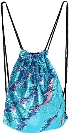 YOGAMT Fashion Mermaid Sequin Backpacks Glittering Shoulder Bling Bags Magic Reversible Glitter Drawstring Backpacks Women Sports Backpack Bag,13.8"x 17.7" (Blue+Pink)