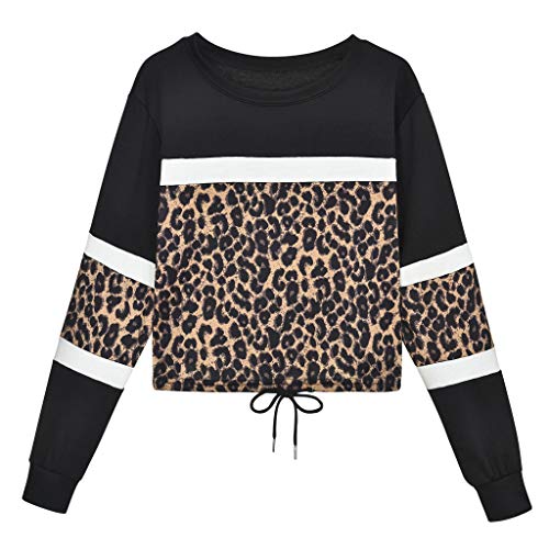 Preisvergleich Produktbild Tianwlio Damen Lässige Langarmshirt Hoodie Pullover Langarm Leopard Spleißen O-Ausschnitt Beiläufiges Sweatshirt Spitzenblusen Pullover Schwarz L