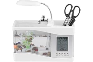 HONGZER Aquarium, Mini Aquarium Rechargeable USB Multifonctionnel Aquarium avec Fonction d'horloge Lumière LED pour Le Salon, Chambre, Bureau(Blanc)
