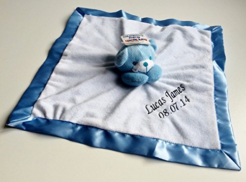 Personalised Blue & White Baby Teddy Comforter / Comfort Blanket.* Great Baby Gift *