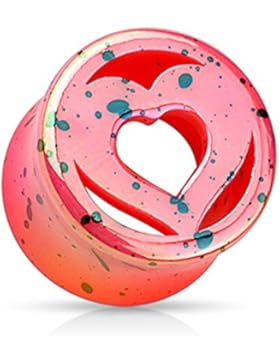 Paula & Fritz® Plug Double Flared aus Acrylharz pink mit Tupfen Herz mit Loch 10-20mm PADF06