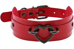 Borsgye Punk Leather Goth Choker Collar Adjustable Rock PU Leather Choker Necklaces Teen Girls Cosplay Jewelry Vintage Necklaces Red with Black Heart