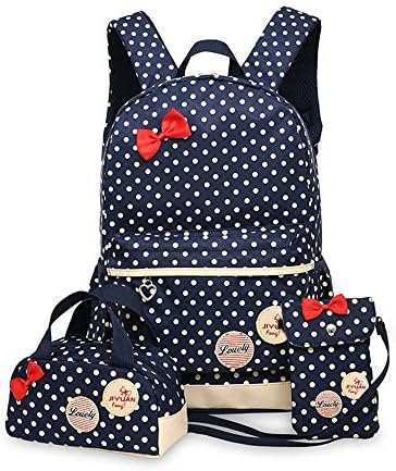 Bright Color Polka Dot 3pcs Kids Shoulder Book Bag School Backpack Handbag Purse Girls Teen (Navy)