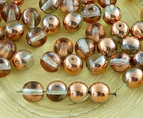 40pcs Crystal Metallic Capri Gold Copper Half Round Druk Pressed Czech Glass Beads 6mm