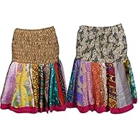 Mogul Interior 2 Pc Women's Colorful Mini Skirt High Waist Silk Sari Boho Skater Skirts S/M