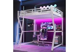 Huayz Letto a soppalco in metallo, 140 x 200 cm, letto a castello con luce LED, stazione di ricarica USB, per scrivania e console per computer, letto singolo, con protezione anti-caduta e scala, senza