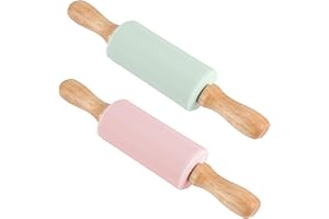 SOTMZA Rouleau à Pâtisserie 2 Pièces Silicone Patisserie Rouleaux avec Manche en Bois Chefclub Kids Rouleau de Cuisson pour Pizza Biscuit Fondant Gâteau Tarte Silicone est Antiadhésif Facile Nettoyer