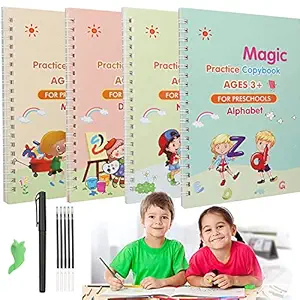 PMK Enterprise4pcs Magic Practice Copybook with Pen, Reusable Handwriting English Magic Practice Copybook for Children, Alphabet Number Math Drawing Tracing Book Set