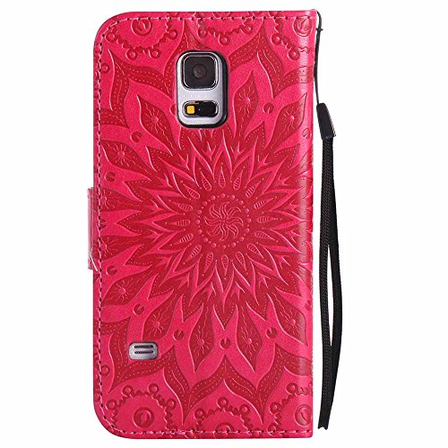 Galaxy S5 Mini Hülle, Dfly Premium Slim PU Leder Mandala Blume prägung Muster Flip Hülle Bookstyle Stand Slot Schutzhülle Tasche Wallet Case für Samsung Galaxy S5 Mini, Rot - 3