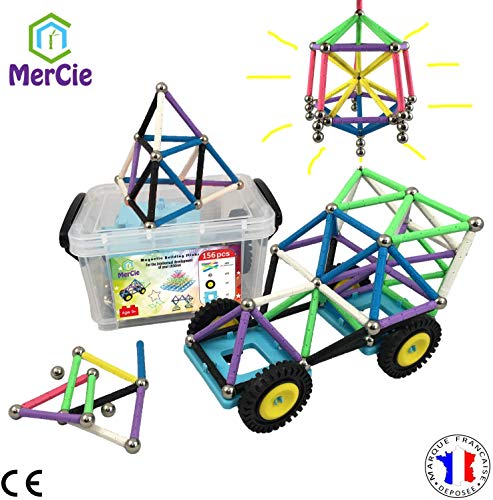 MerCie Blocs Construction magnétiques | 156 pcs: bâtons XXL avec aimants puissants, Billes Acier, Roues Voiture + Boite de Rangement Plastique?Jouet d'assemblage créatif pour Enfants de 3 Ans et +