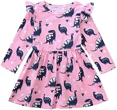 Girls Dresses, Kids Baby Cute Cartoon Dinosaur Print Long Sleeve Party Dress Clothes ToddlerOutfits