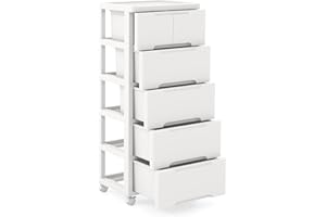 GIANTEX Tour de Rangement Plastique 6 Tiroirs avec roulettes, Meuble Tiroir, Dessus Spacieux, Caissons de Rangement, Tiroirs de Tailles Différentes, Caisson Bureau pour Salon, Salle de Bain, Blanc