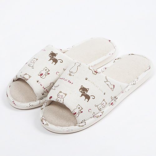 CWAIXXZZ plush slippers Linen slippers summer female couples indoor home wooden floor anti-slip soft bottom cotton linen cool drag and ,39-40 (37-39 yards), dressed in a light gray 猫 Monogatari