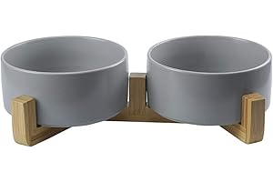 HCHLQLZ Gris Ceramica Comedero Perro y Comedero Gato - 2x850 ml - En un Elegante Soporte de bambú - También Adecuado para Perros Grandes/Grandes felinos