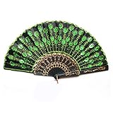 Foxnovo schöne Peacock Muster Stil Frauen Damen Seide Hand Fan Fan mit grünen Pailletten Falten