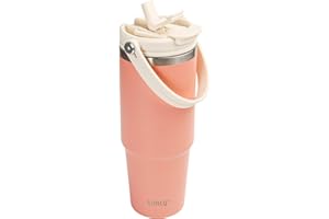 SUNTQ 30oz Tumbler with Handle and Flip Straw, Stainless Steel Insulated Tumblers with Leak Proof 2-in-1 Lid, Reusable Double Walled Water Bottle, Portable Coffee Travel Mug, Fit in Cup Holder(Peach Pink)