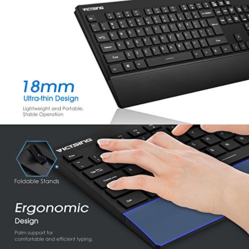 VicTsing Ultra-thin Wireless Keyboard and Mouse Combo with Palm Rest, 2.4GHz Connectivity, Long Battery Life- Black