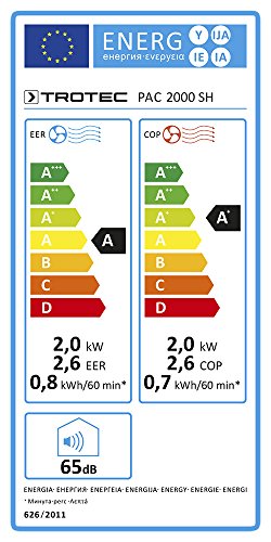 TROTEC Lokales mobiles Klimagerät Klimaanlage PAC 2000 SH mit 2 kW / 7.000 Btu (EEK: A) 4-in-1-Gerät: Klimatisierung, Heizfunktion, Ventilation, Entfeuchtung inkl. Fernbedienung, Timer, LED-Display, einstellbare Luftausblasrichtung, herausnehmbarer Luftfilter, uvm. - 5