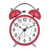 HENSE klassische geräuschlose Wecker Weckuhr Stille Bewegung Nicht-tickend Schleichender Sekundenzeiger Für Bettseite Nachttisch Analoge Weckuhr mit Nachtlicht und Lautem Alarm HA01 Rot