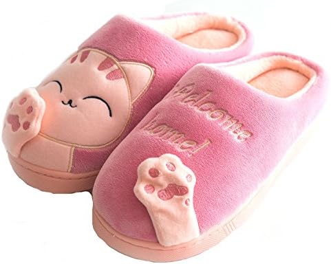 Schuhchan Women Plush Home Slippers Cute Cat Indoor Winter Slippers,Dark Pink UK 6.5-7
