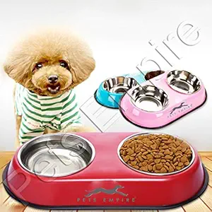 Pets Empire Stainless Steel Double Diner Dog and Cat Food Bowls with Anti Slip Mat (Colour May Vary (Single, 900 ml X 2)