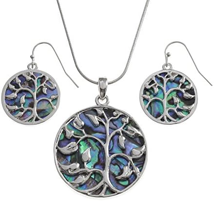 Talbot Fashions Tide Jewellery Inlaid Paua Shell Tree Of Life Pendant & Dangly Earring Set