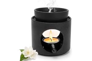 RANJIMA Duftlampe Ambiente Teelicht, Aromalampe aus Keramik mit Teelichthalter, Duftöl und Duftwachs Diffusor, Stövchen für ätherische Öle, Duftöl und Duftwachs, Abnehmbare Schale (Schwarz)