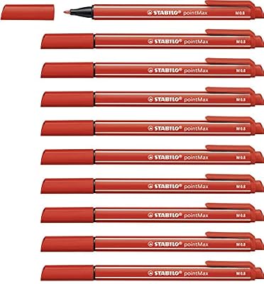Stabilo Stylo feutre - STABILO pointMax - Lot de 10 stylos-feutres pointe moyenne en nylon - Rouge